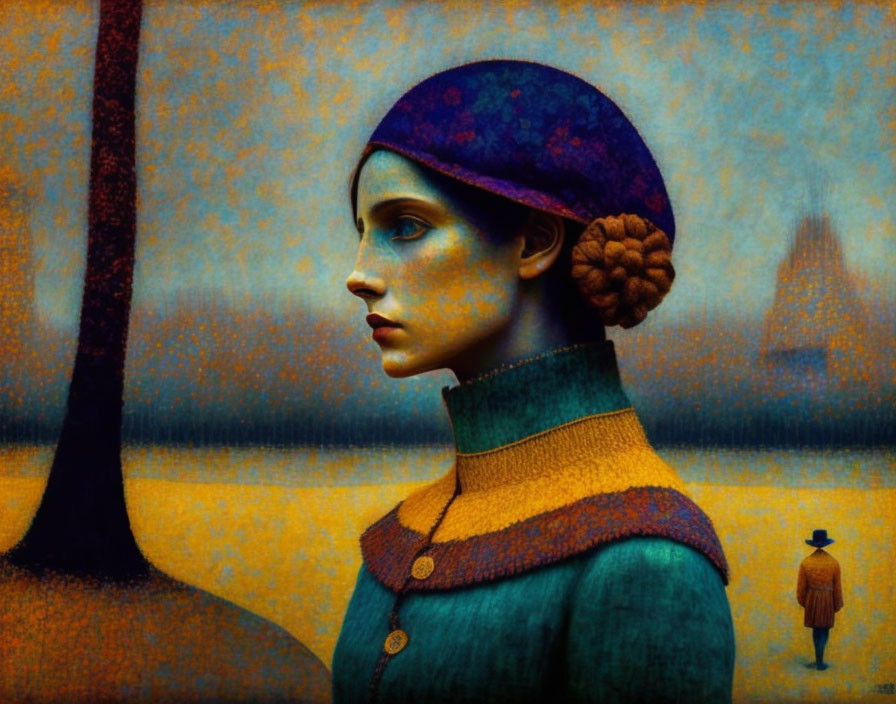 Stylized painting of woman in profile with blue cap and collared coat in landscape.