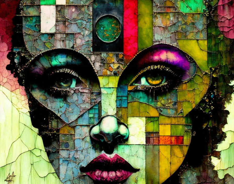 Abstract portrait with intense eyes, nose, and lips against colorful mosaic background