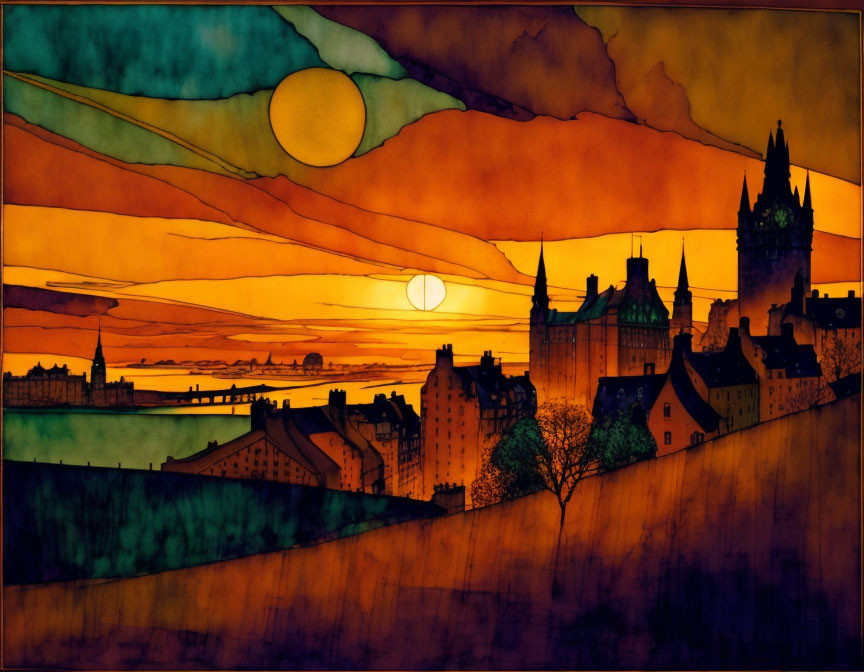 City skyline painting at sunset with vibrant warm colors