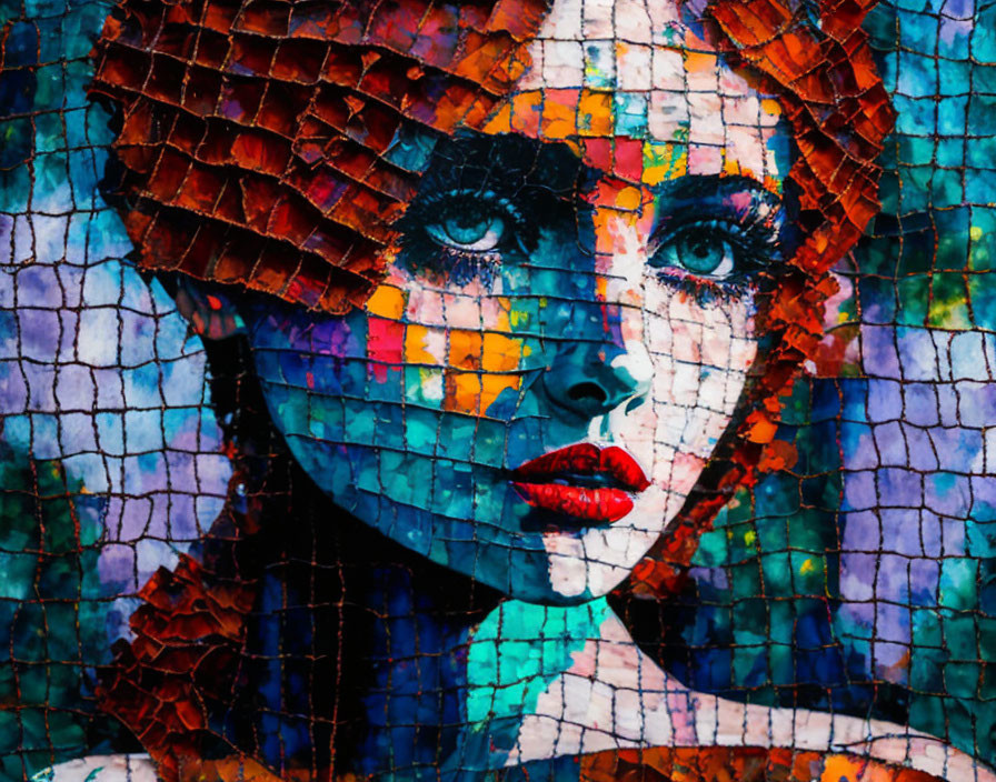 Colorful Mosaic Portrait of Woman with Red Lips