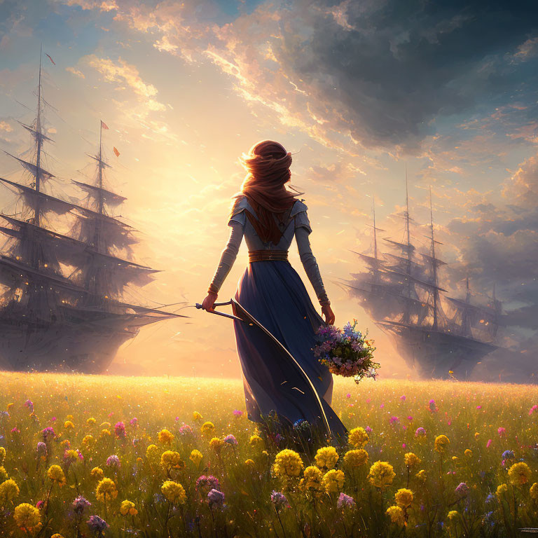 Historical woman with shield and sword in sunset field with tall ships