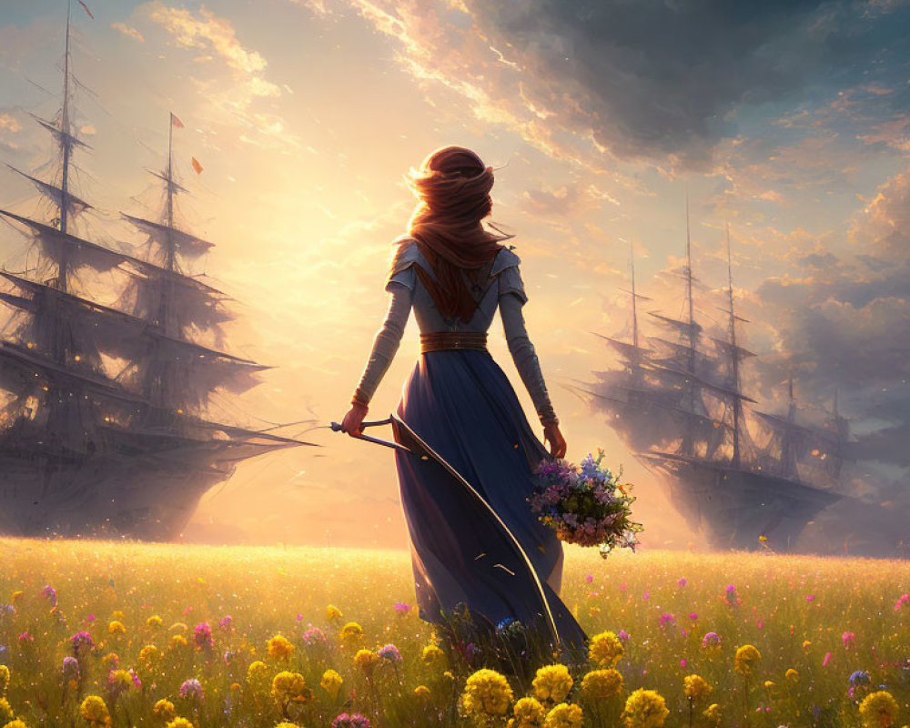 Historical woman with shield and sword in sunset field with tall ships