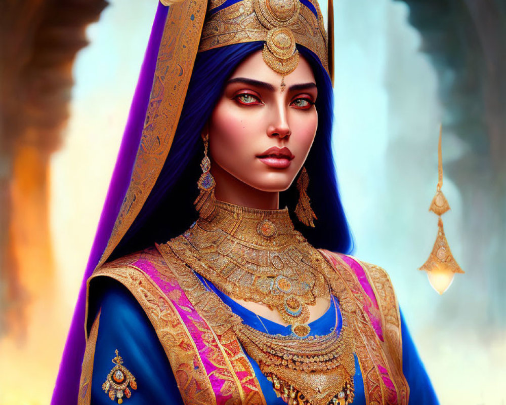 Piercing blue-eyed woman in luxurious blue and gold outfit against fiery backdrop