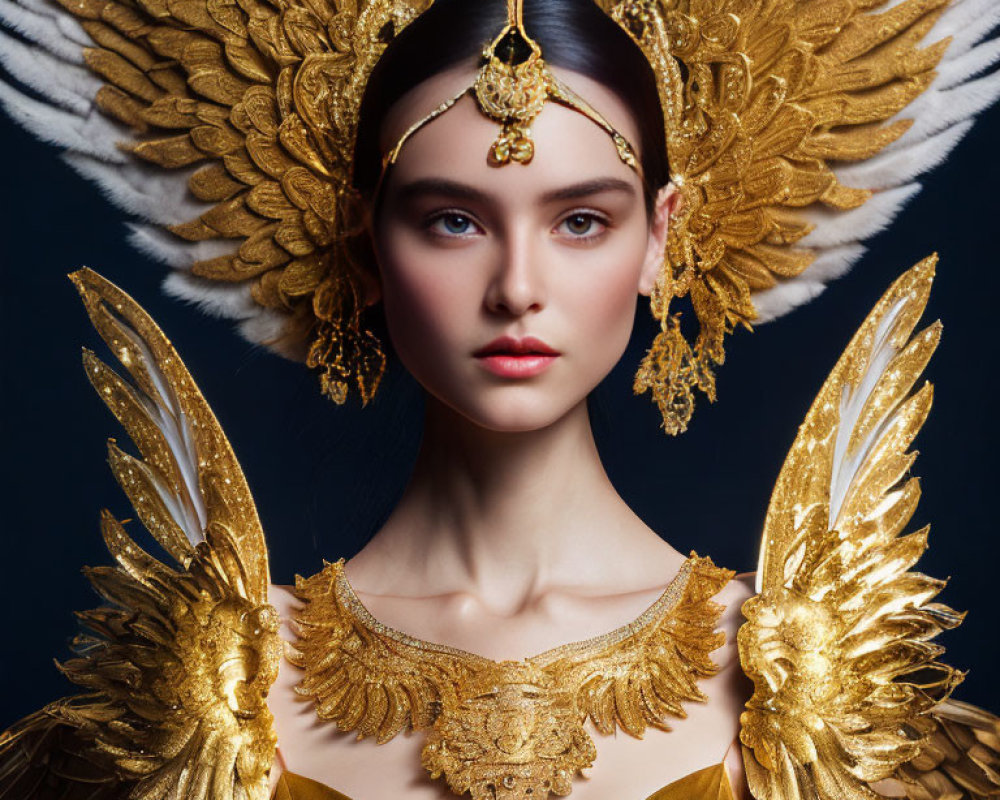 Luxurious golden headpiece and wings on woman against deep blue backdrop