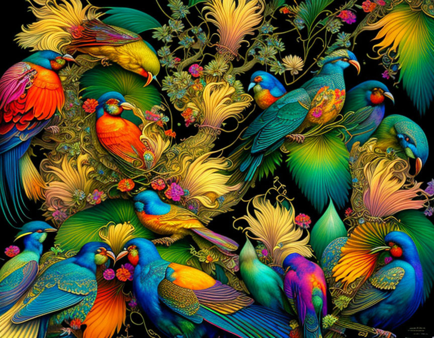 Colorful bird artwork with intricate detailing and rich colors.