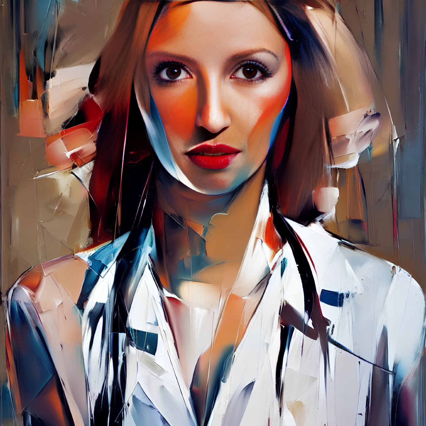 Abstract painting: Woman with Blue and Red Accents, White Blouse