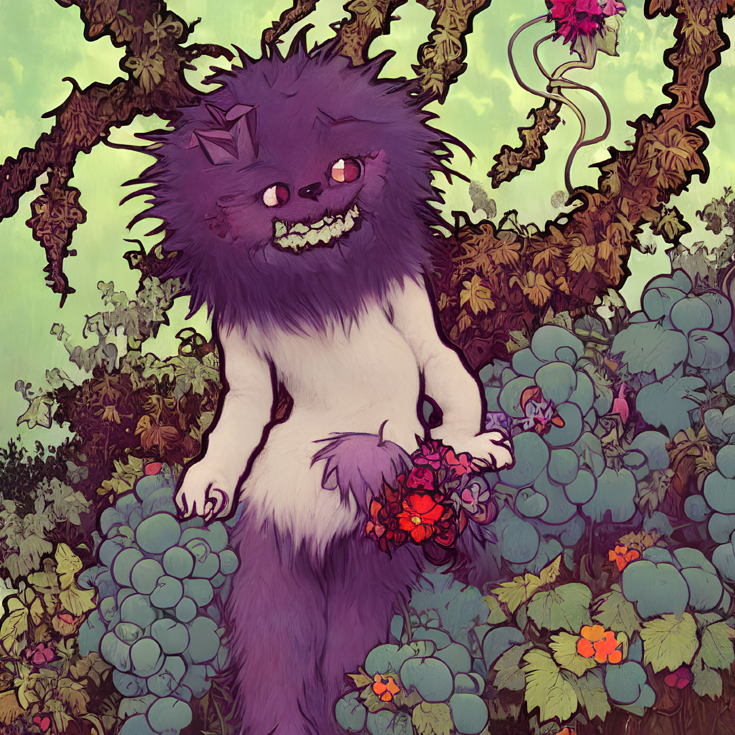 Purple Creature with Grinning Face in Forest with Vines and Grapes