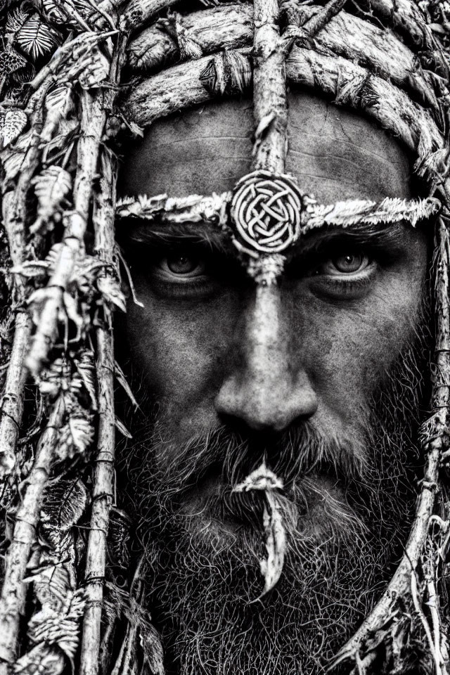 Monochrome portrait of stern man with intense eyes and Celtic knot headband amid woven twigs