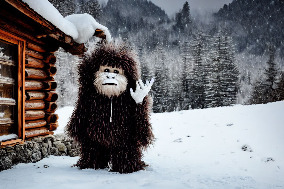 Person in Bigfoot costume waving in snowy landscape with cabin and pine trees.