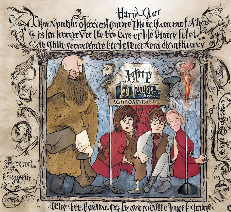 Medieval manuscript style illustration of three Harry Potter characters