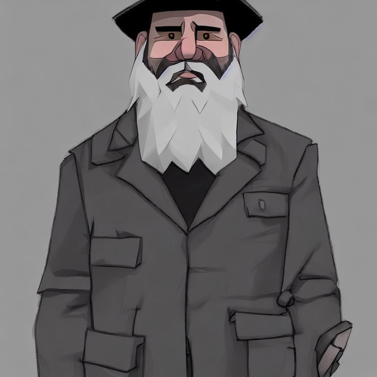 Illustration of stern man with bushy white beard in gray military-style jacket