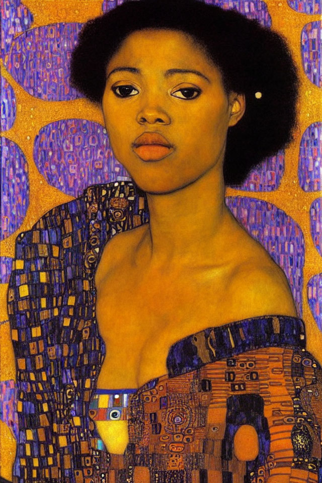 Portrait of woman with afro in front of golden backdrop with purple circles, wearing patterned attire