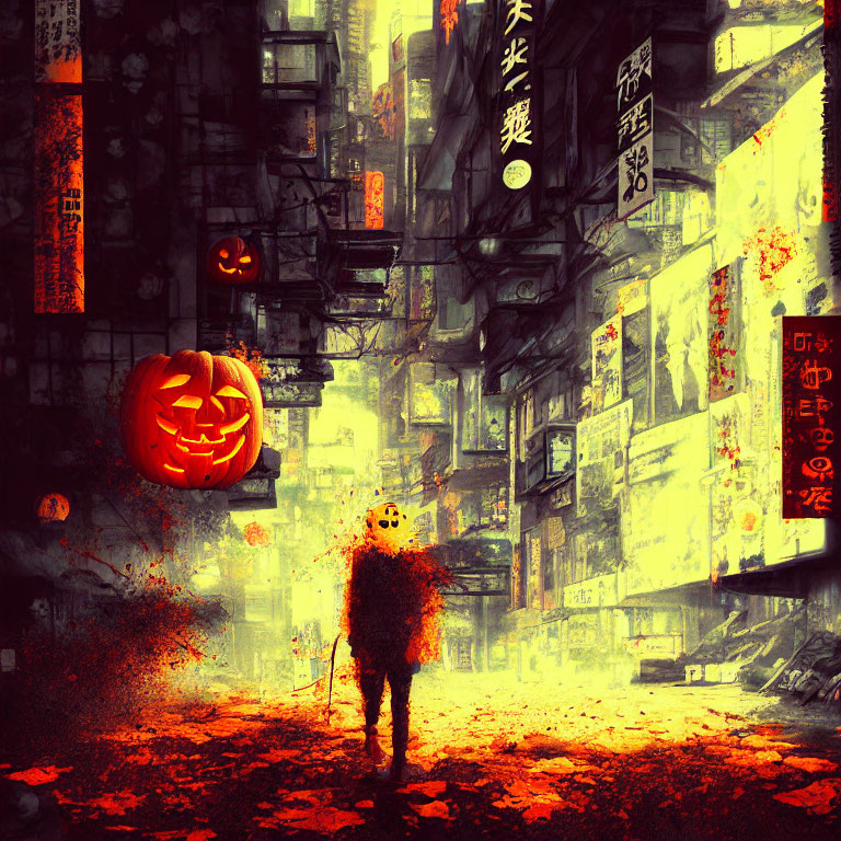 Dystopian alley with glowing jack-o'-lantern and pumpkin-headed figure