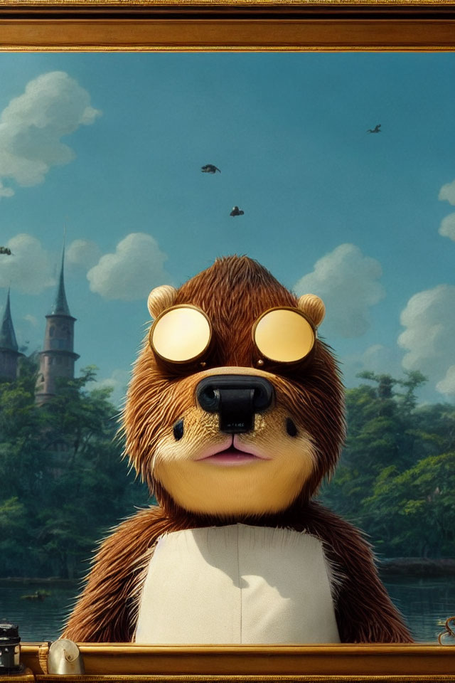 Anthropomorphic beaver with glasses in front of castle scenery