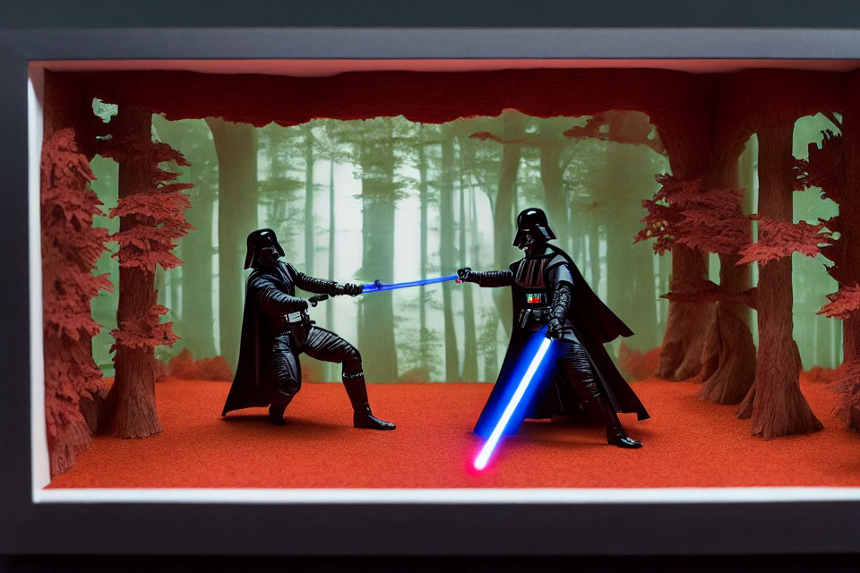 Darth Vader diorama with crossed light sabers in forest setting