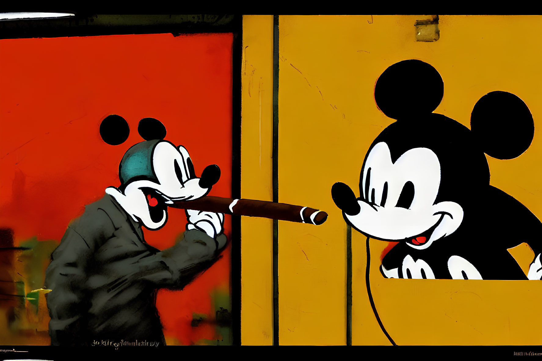 Colorful graffiti art: Mickey Mouse in classic and modern styles