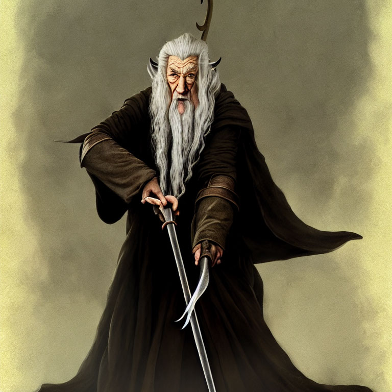 Elderly wizard illustration in robes with staff on golden backdrop