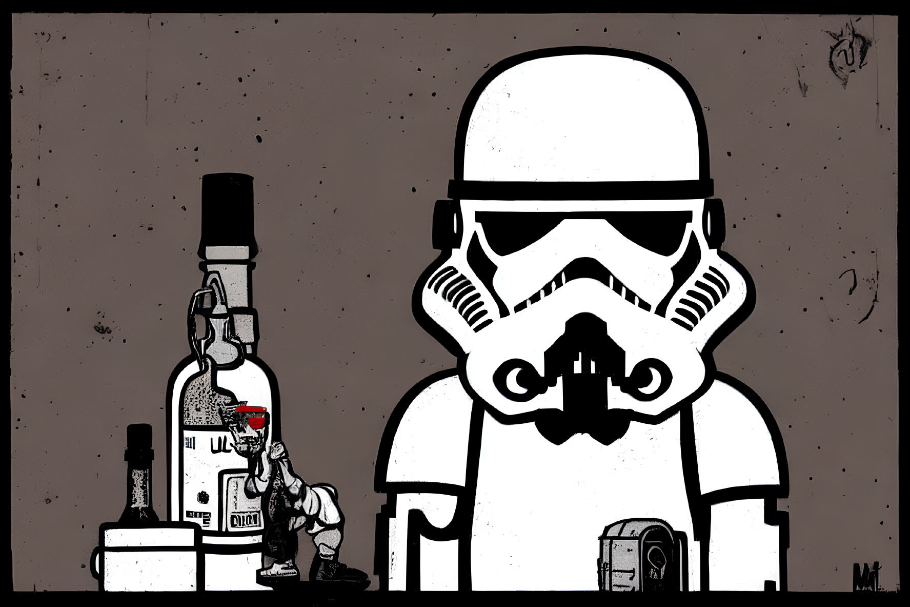 Stormtrooper illustration with vodka bottle and glass on table