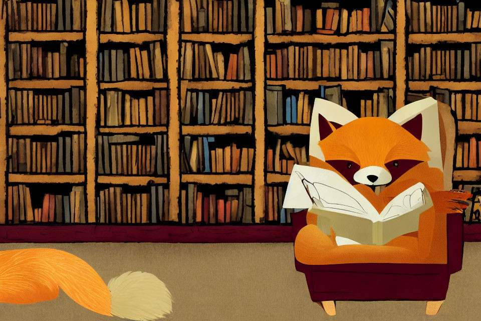 Animated fox reading surrounded by towering bookshelves