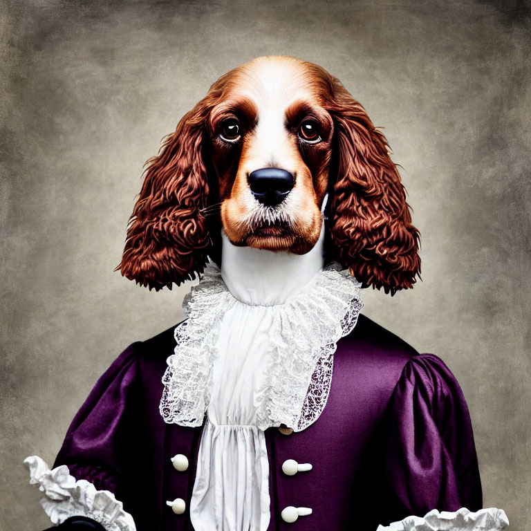 Whimsical portrait of dog in historical attire with ruffled collar & purple coat