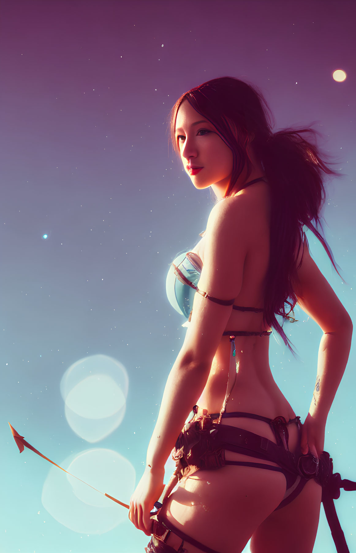 Digital artwork: Asian woman with spear in fantasy armor under starry sky