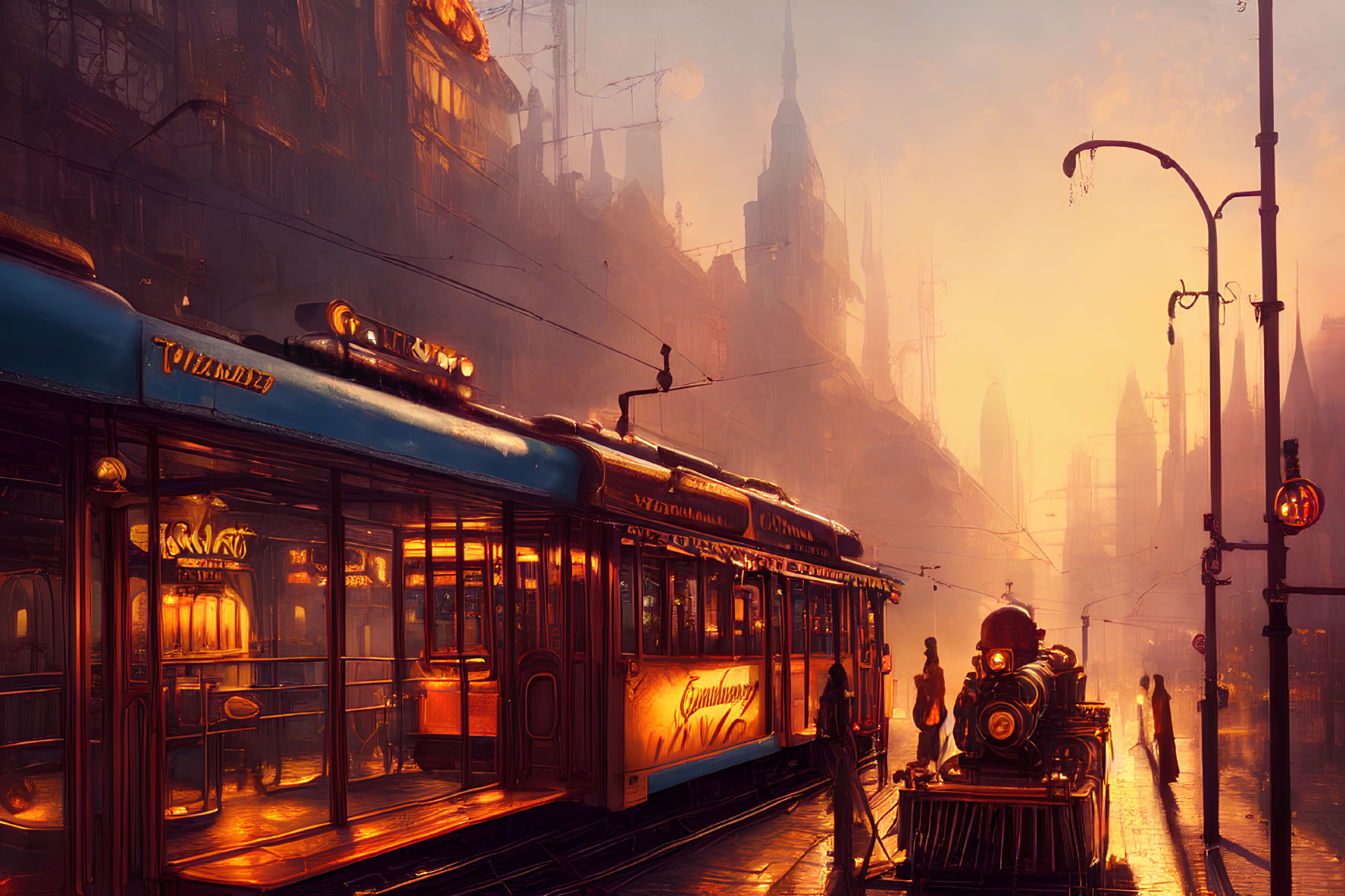 Vintage Tram on Deserted City Street at Sunset with Retro-Futuristic Cityscape