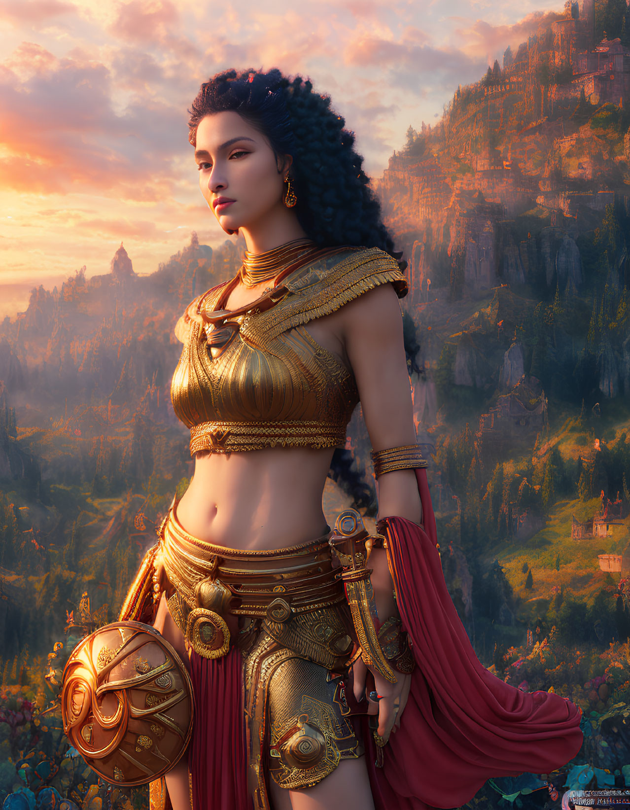 Female warrior in golden armor against mountain landscape at sunset