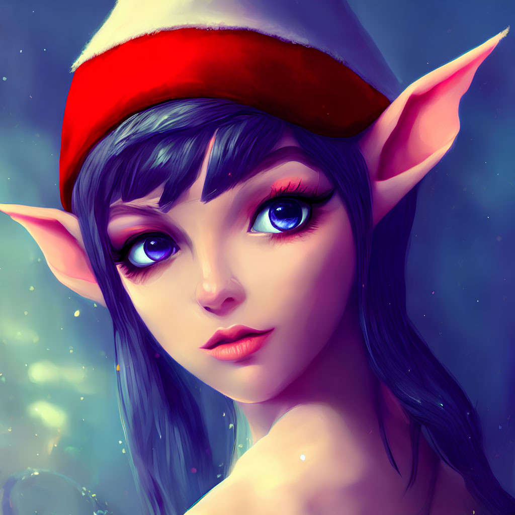 Female elf with pointy ears and blue eyes in red and white hat on starry background