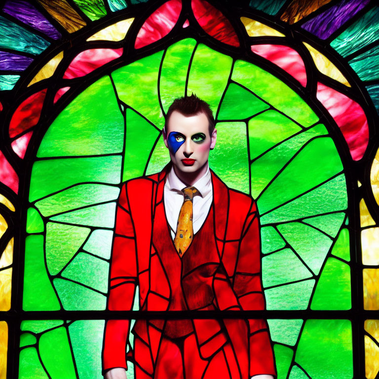 Person in red suit with dramatic face paint against stained glass background