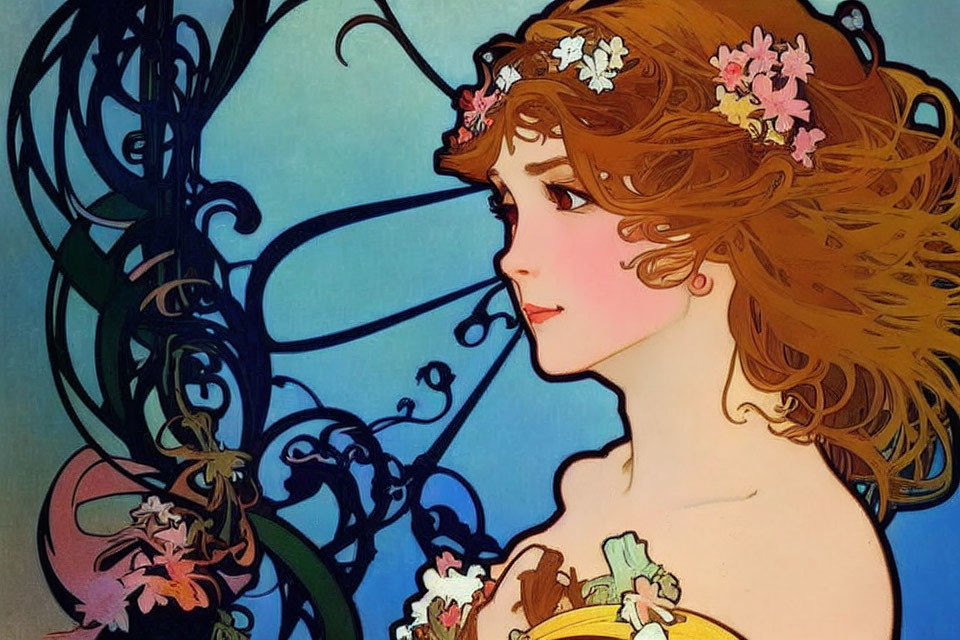 Woman with flowing hair and floral adornments in Art Nouveau style illustration