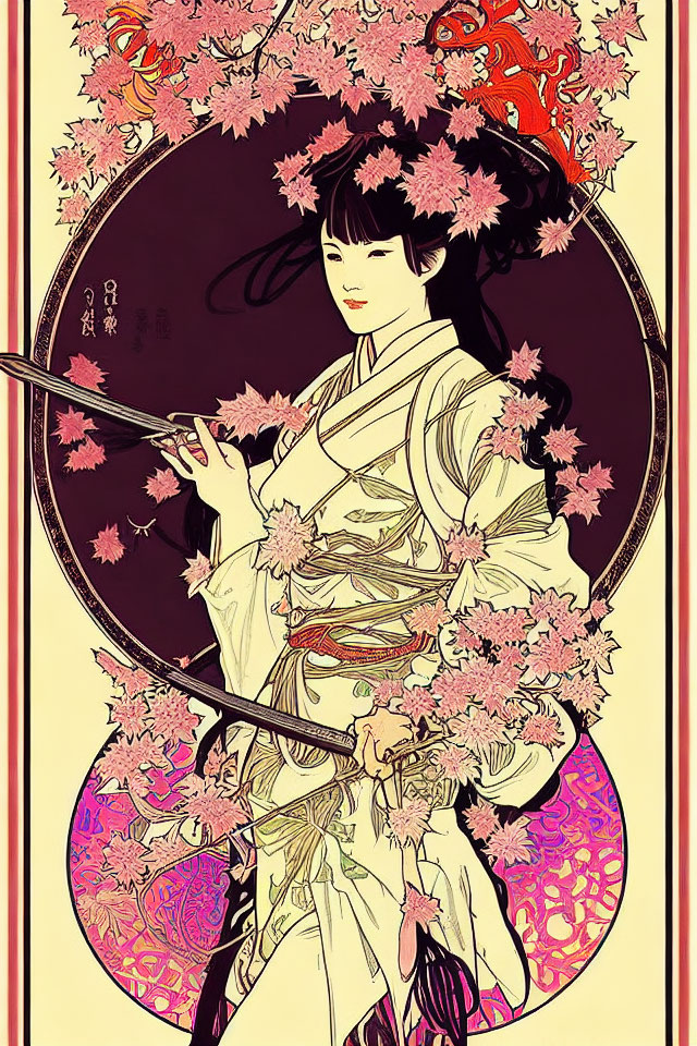 Geisha in traditional attire with fan, cherry blossoms, and dragon motifs.