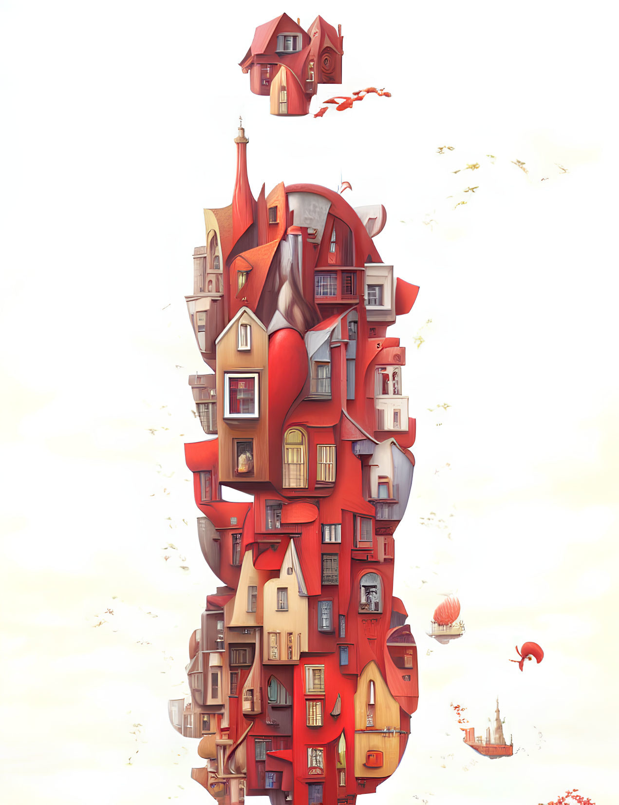 Whimsical vertical face-shaped houses in red and orange hues with hot air balloon against pale sky