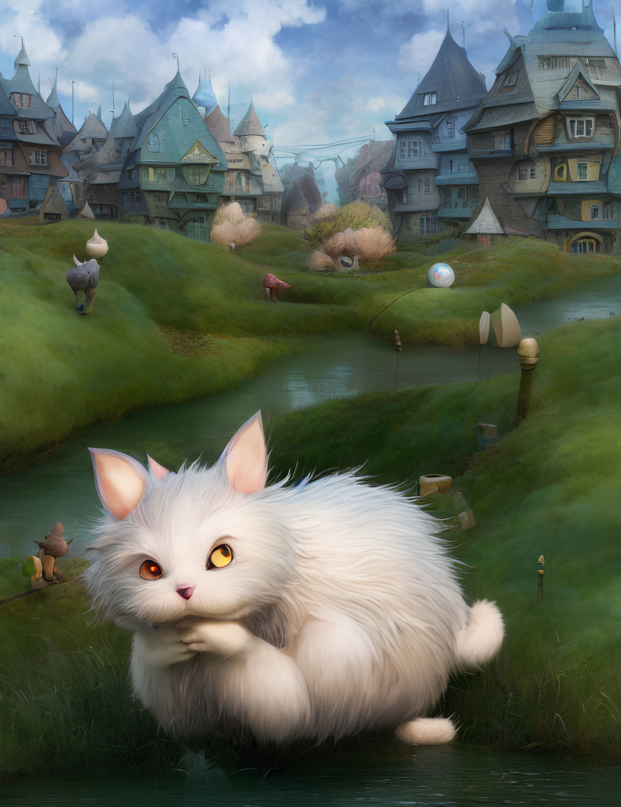 Fluffy white cat with yellow eyes in whimsical village landscape