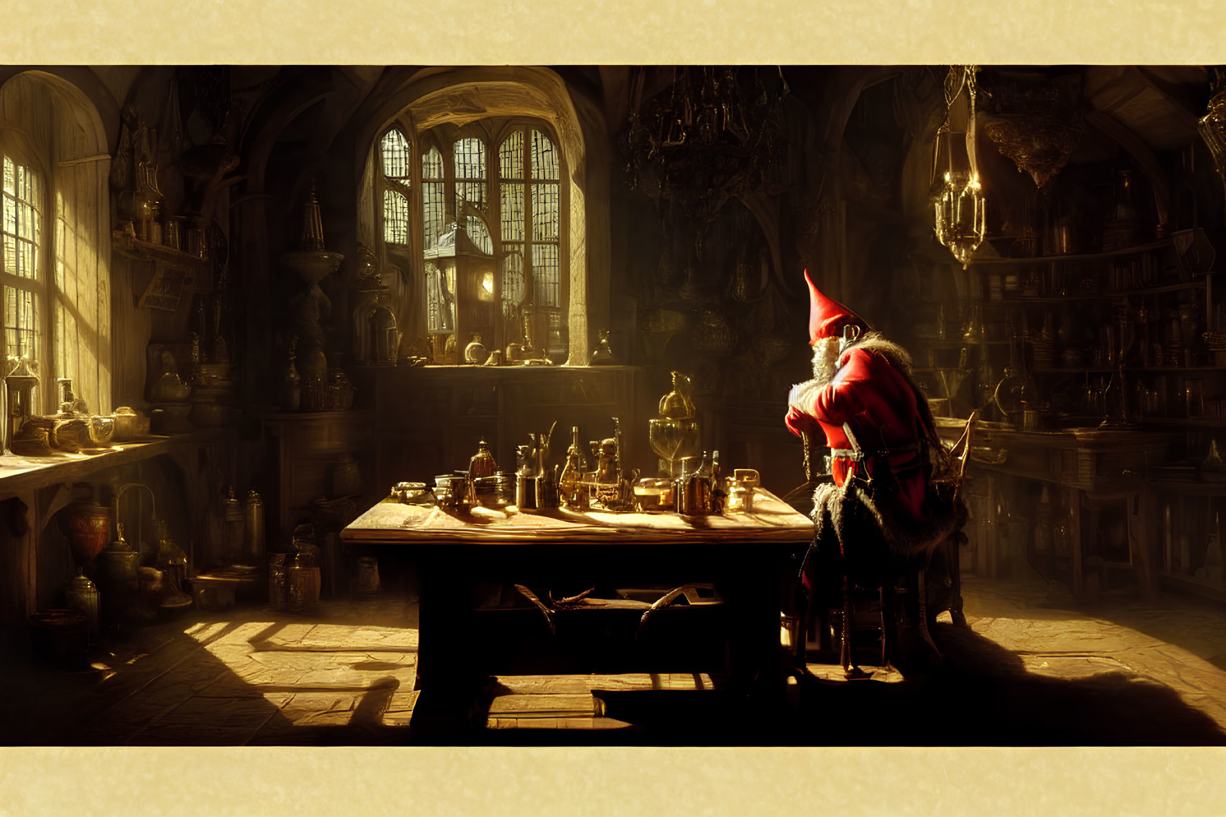 Person in red cape and hat at wooden table in medieval-style room with bottles and books, sunlight streaming