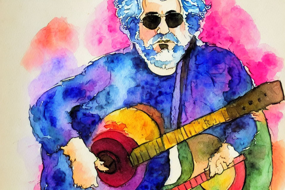 Vibrant Watercolor Portrait of Bearded Man Playing Guitar