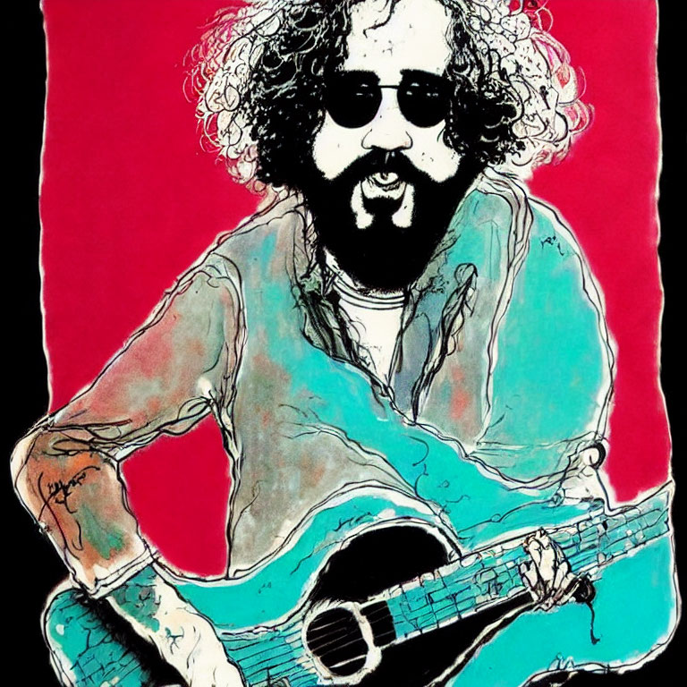 Vibrant illustration: person with curly hair playing guitar on red background