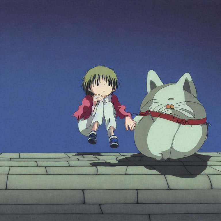 Girl and White Cat with Red Collar Sitting on Roof under Clear Blue Sky