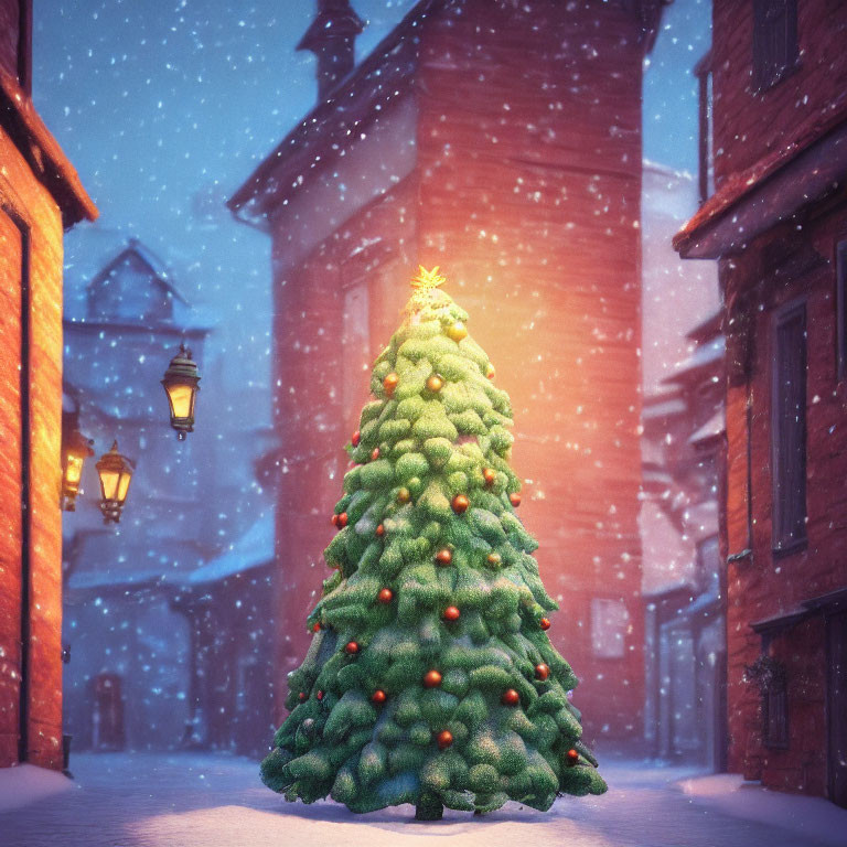 Decorated Christmas tree in snowy street with warm streetlights