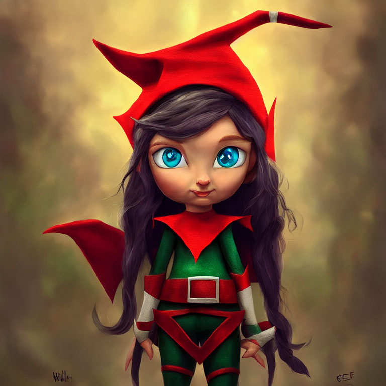 Whimsical character in red and green elf costume with large blue eyes