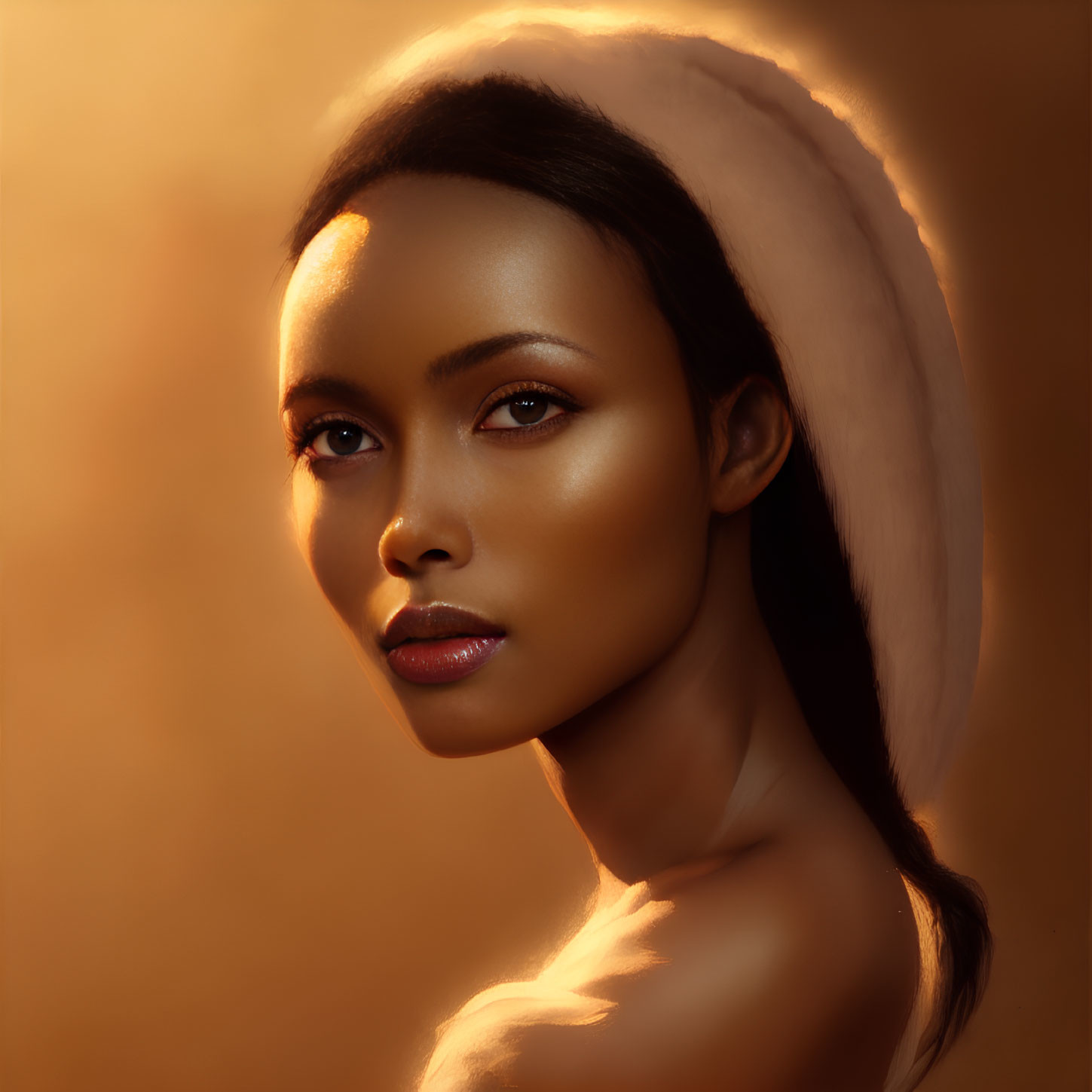 Serene woman portrait with warm light and subtle makeup