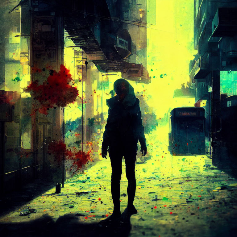 Solitary figure in vibrant dystopian alley scene