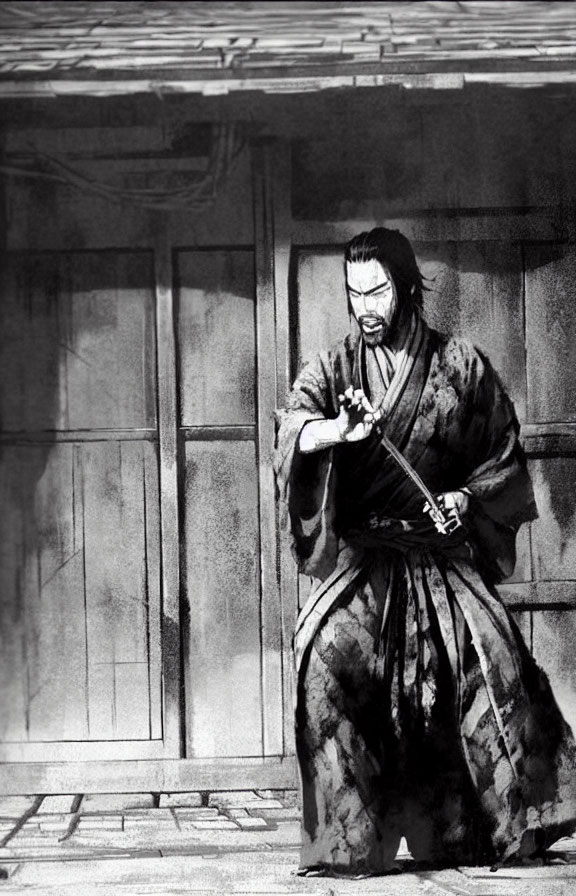 Monochrome illustration of a solemn samurai with sword in traditional attire