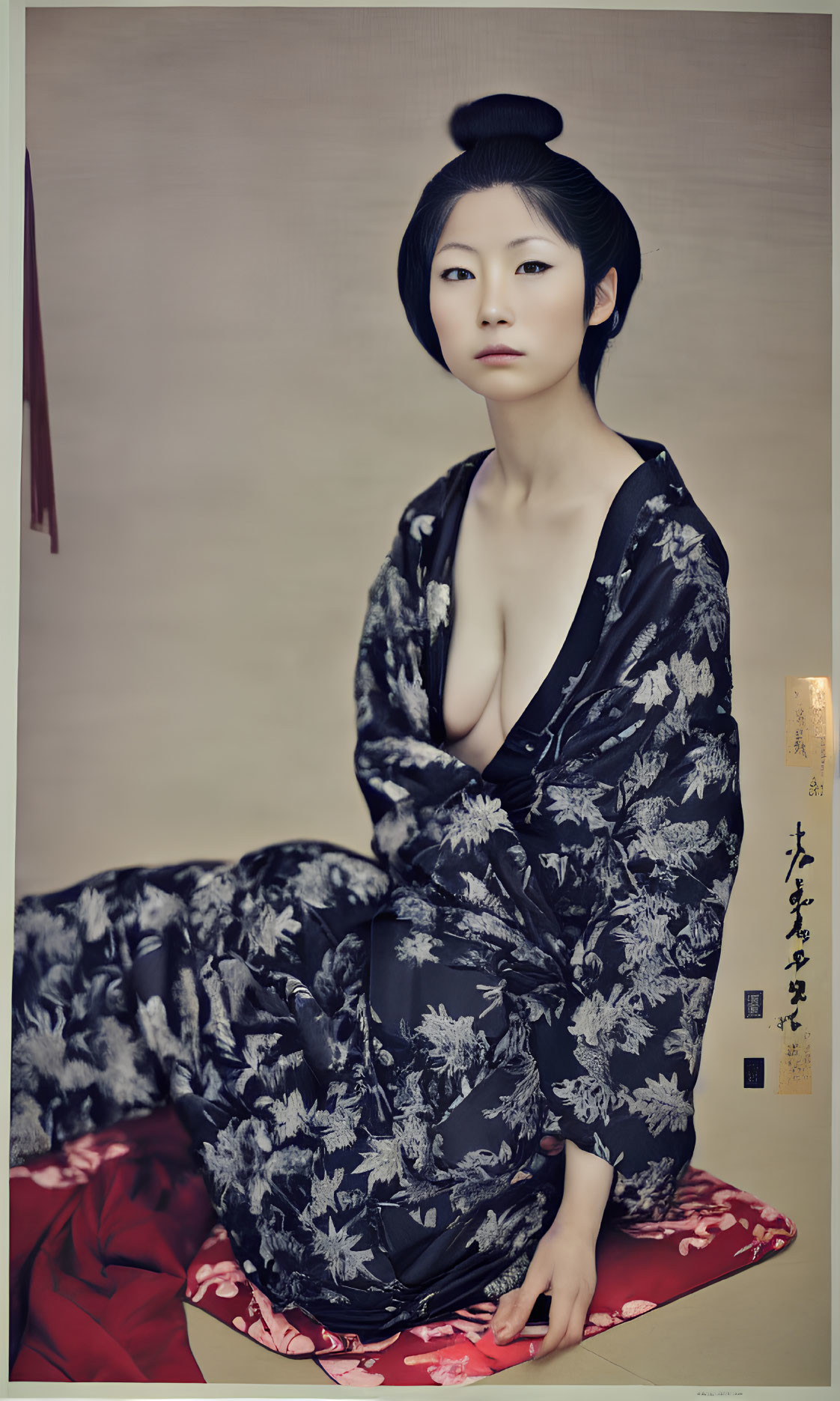 Traditional Japanese Attire Woman with Elaborate Hairstyle Sitting elegantly