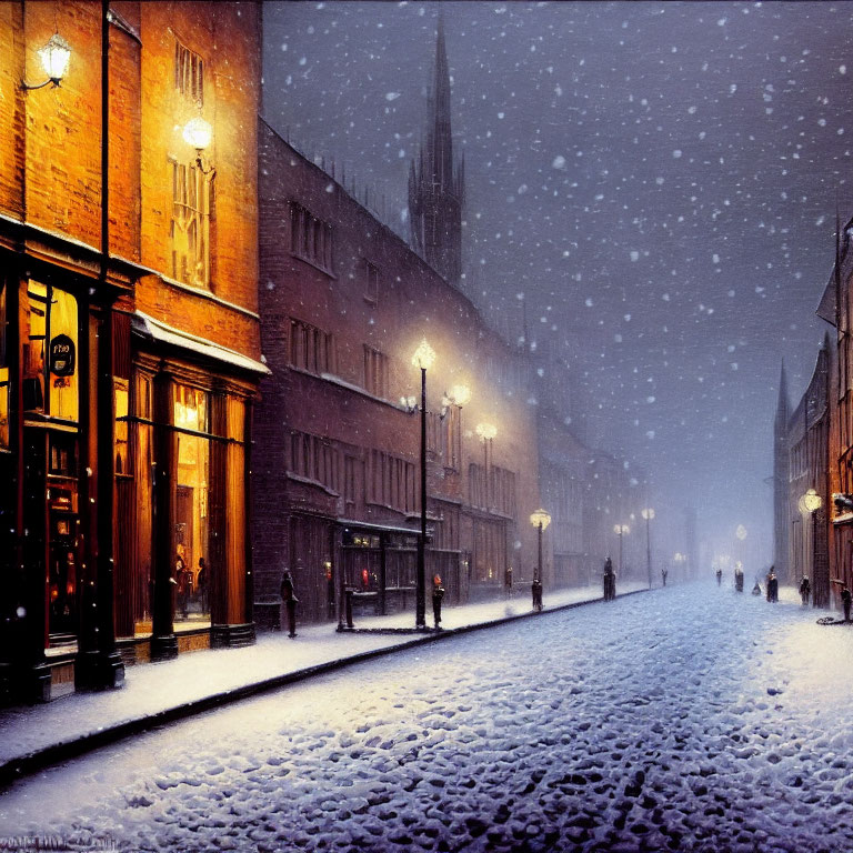 Snowy Night Street Scene with Illuminated Buildings and Figures