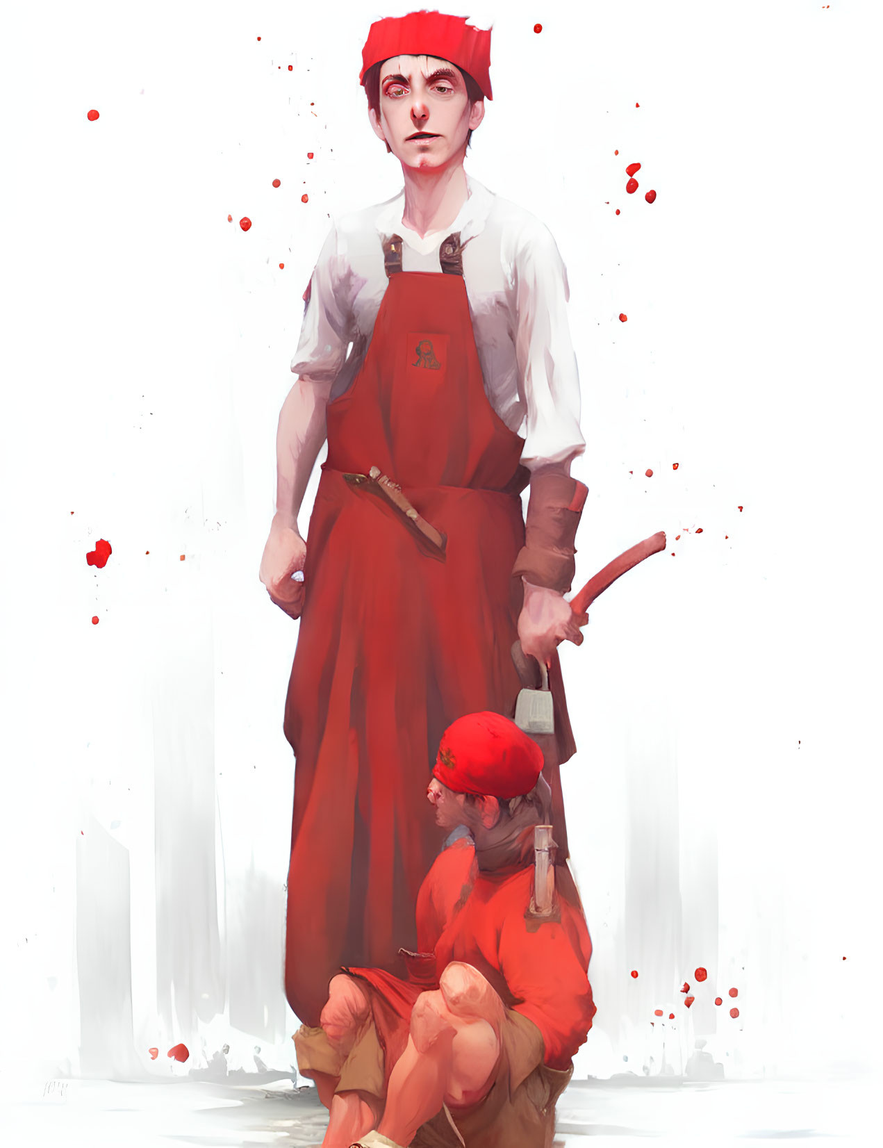 Digital painting featuring two people, one in chef's attire holding a knife, the other seated, both