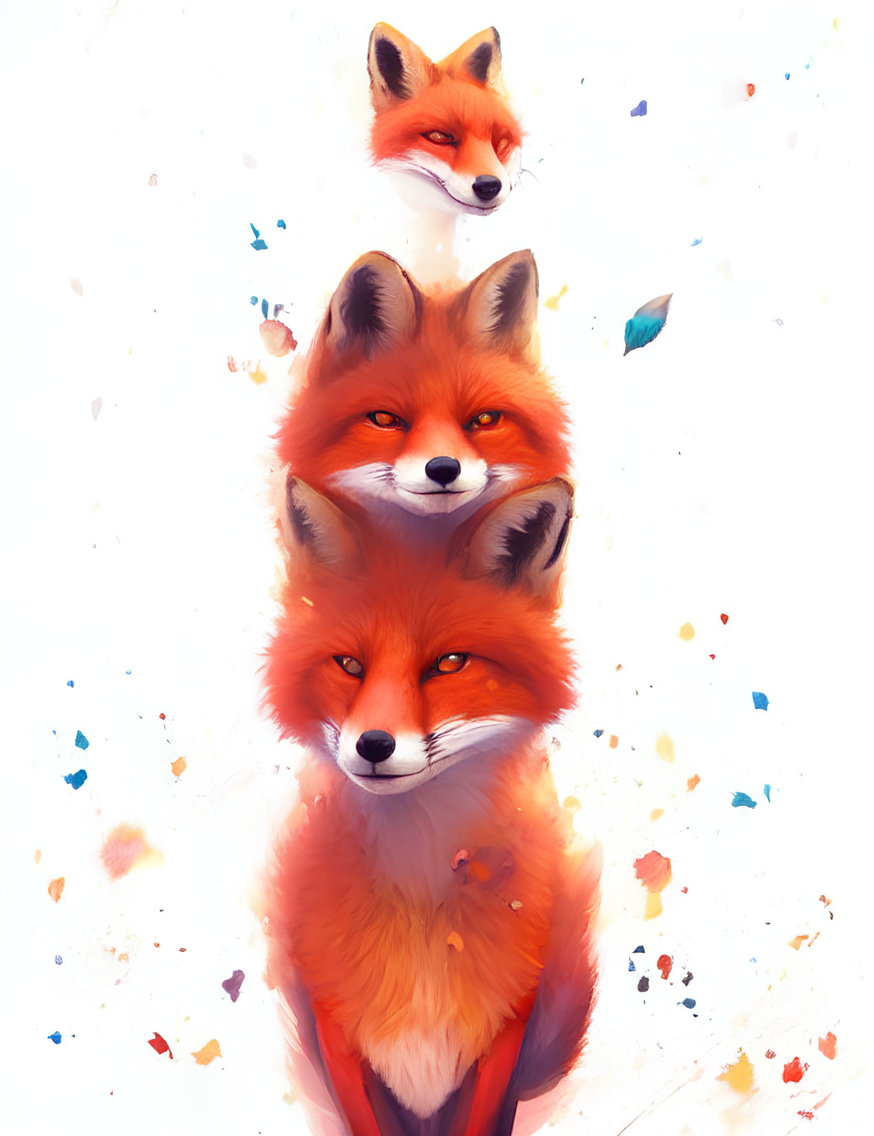 Colorful digital artwork of three red foxes in a vertical alignment, with vibrant paint splatters and