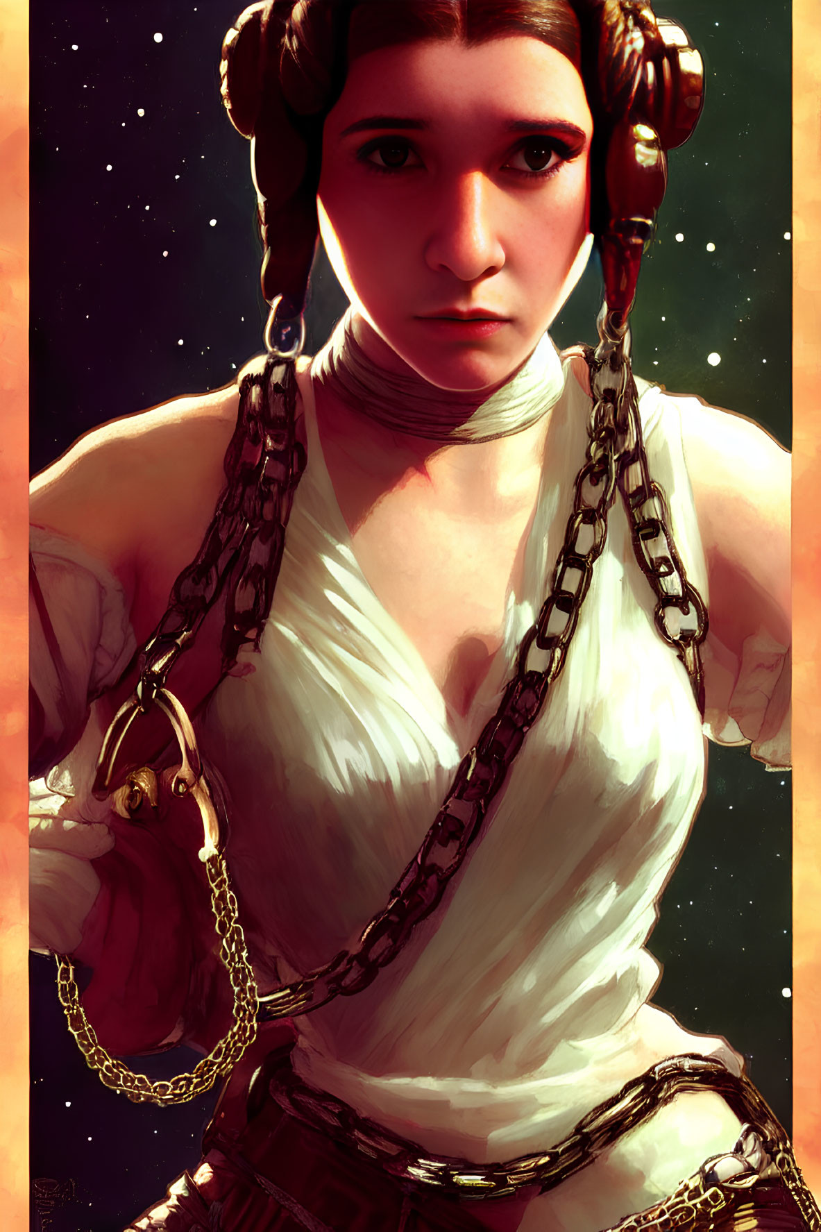 Digital artwork of female character with iconic hair buns in white outfit and metallic chains against starry space