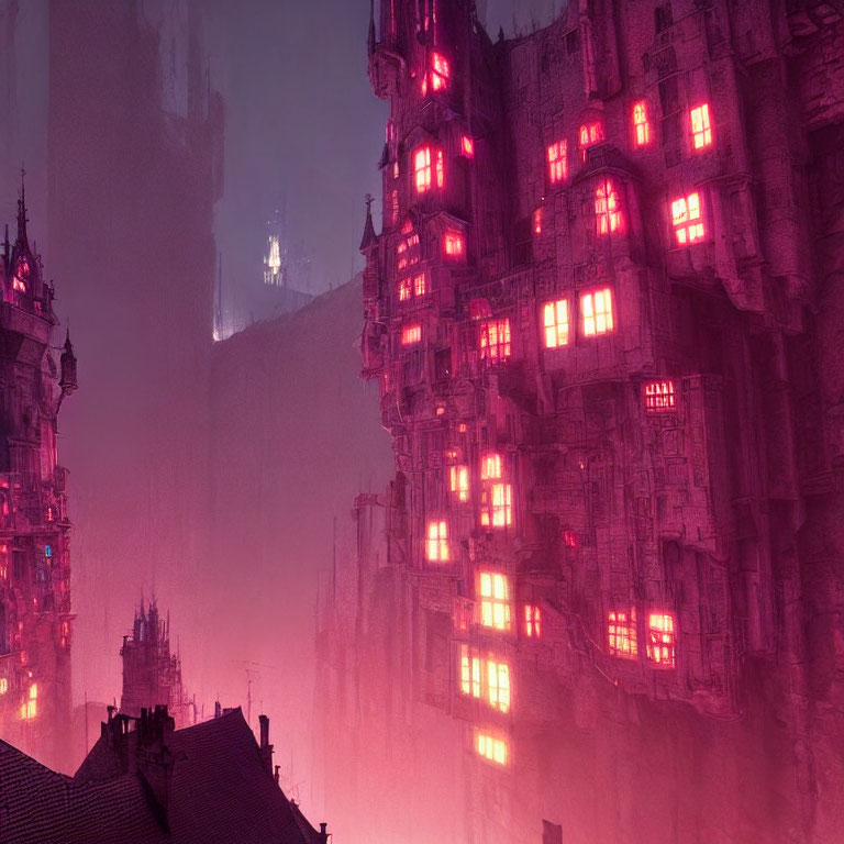 Misty cyberpunk cityscape with neon-lit Gothic architecture at dusk