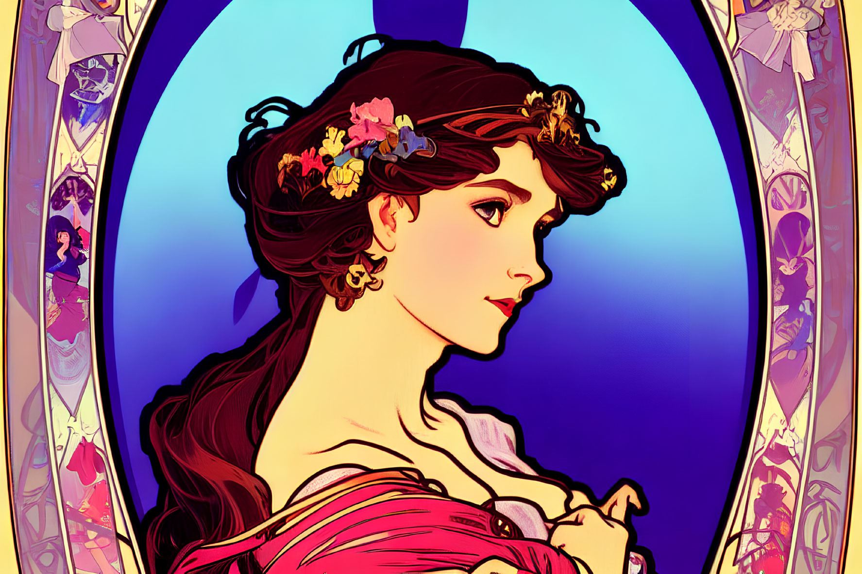 Profile View Woman Illustration with Floral Hair in Art Nouveau Frame