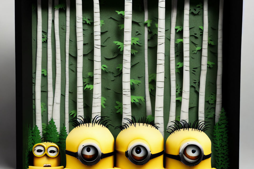 Surprised minions in dense birch tree setting